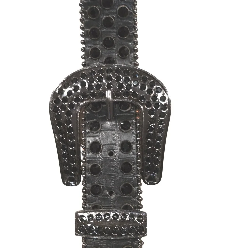 Western Black‎ Rhinestone Belt Genuine Leather XL Croc Embossed Cowboy Punk